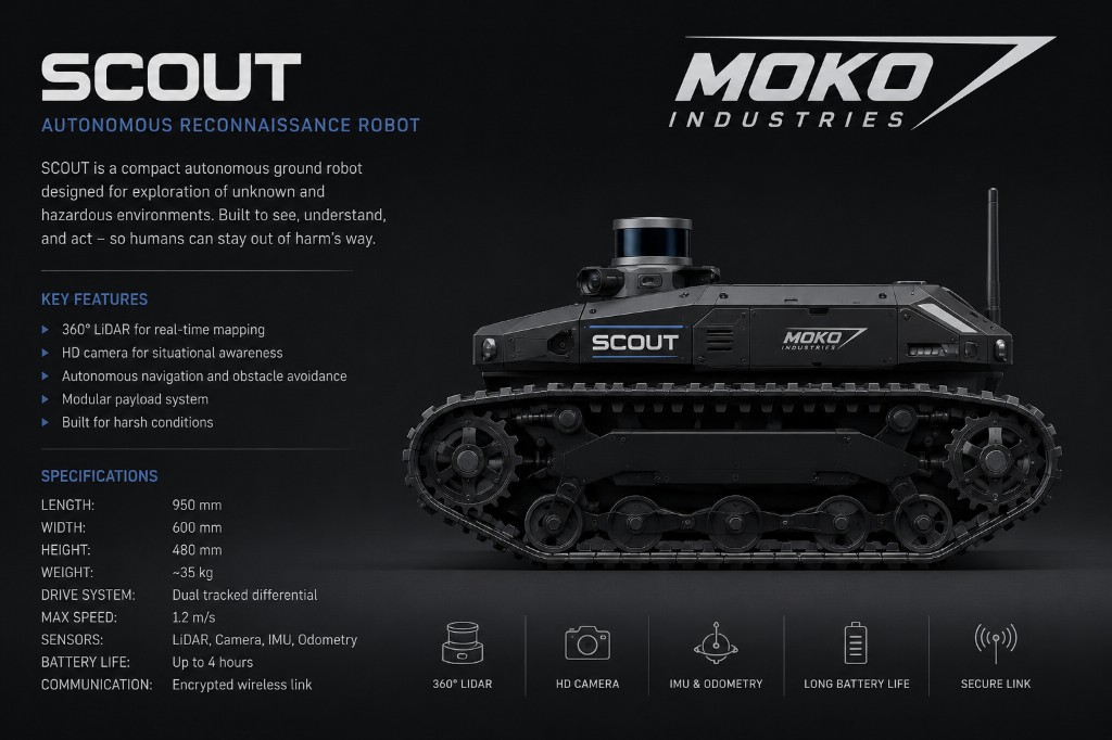 Scout autonomous reconnaissance robot by Moko Industries